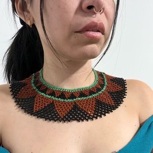 Vintage Native American 90’s Y2K Choker seed bead fringe necklace multi color